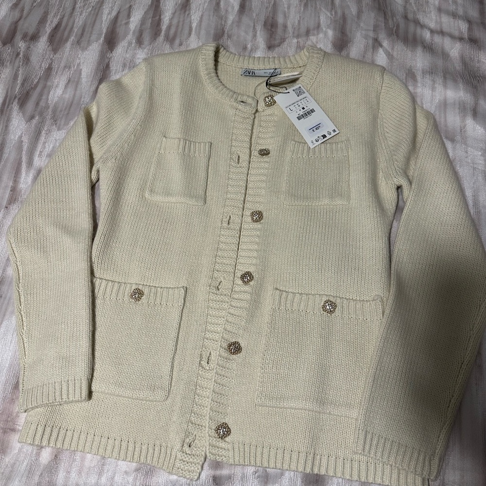 NWT Zara Cream Cardigan Sweater with Gold Buttons